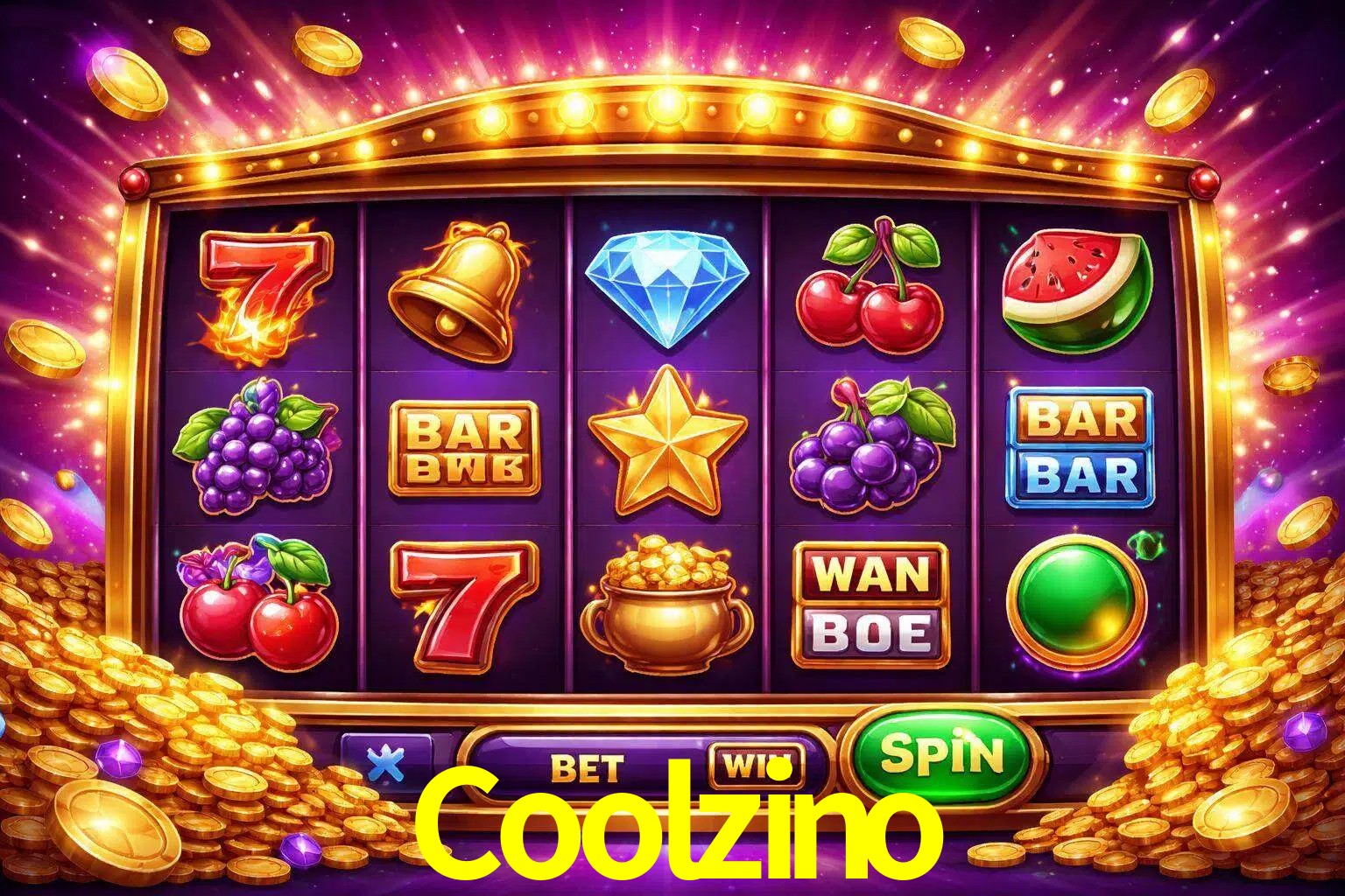Una interfaz colorida de tragamonedas en línea con símbolos brillantes, monedas y un efecto de victoria celebratoria en Coolzino.