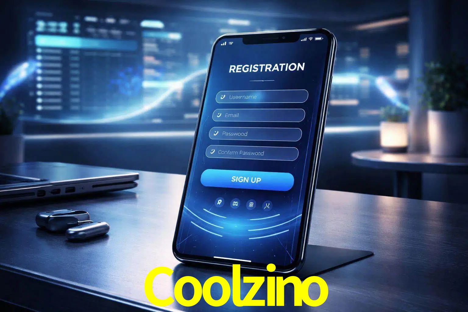 Una interfaz moderna de registro móvil para Coolzino mostrada en un smartphone con un panel de apuestas elegante.